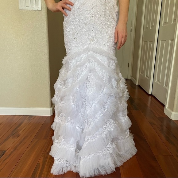 GALINA SIGNATURE Floral Ruffle Lace Beads Fit and Flare Wedding Maxi Dress Sz 0 - Picture 6 of 16